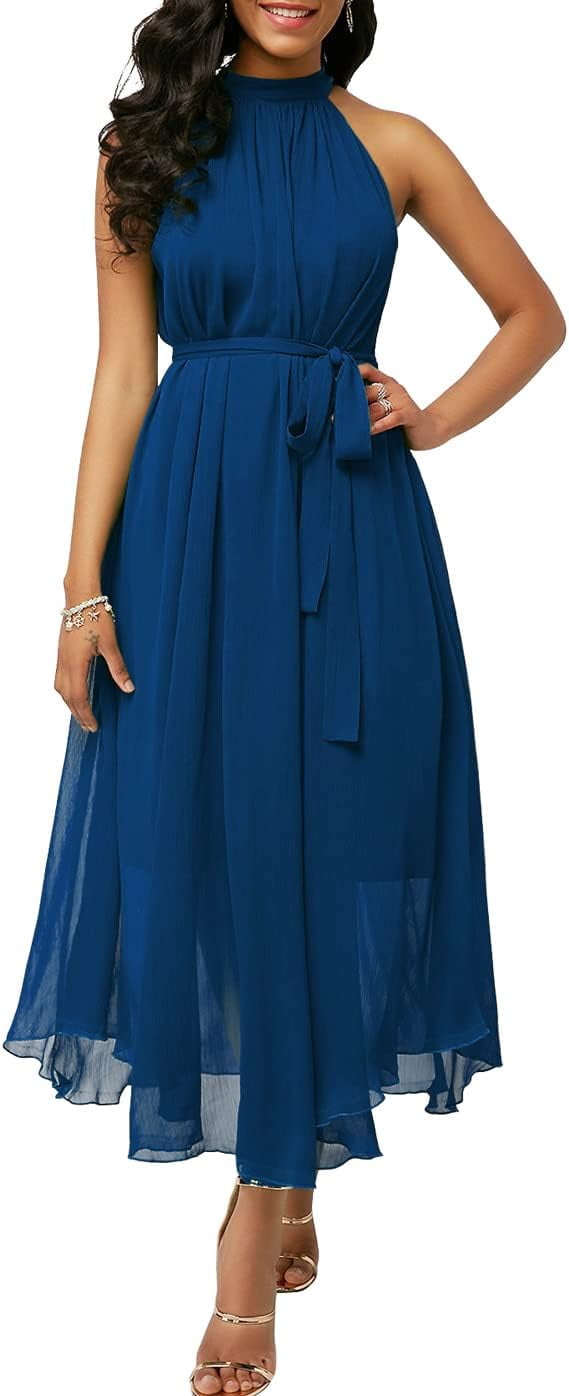 JLMMEN Women's Summer Halter Neck Sleeveless Party Beach Maxi Chiffon ...