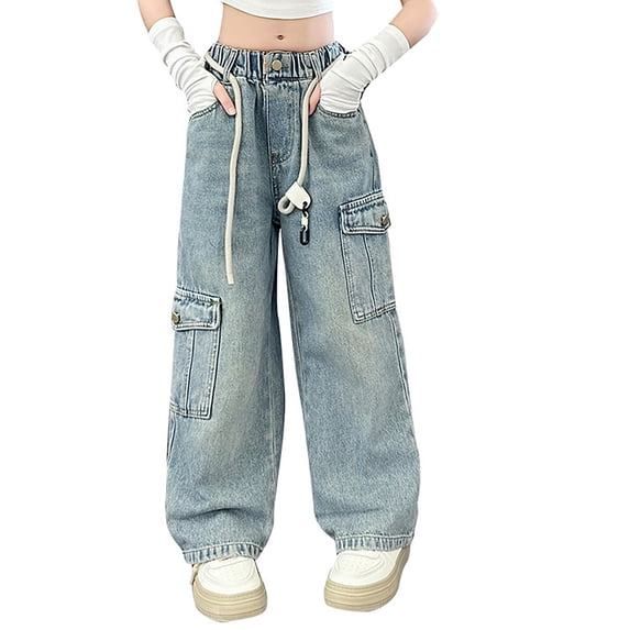 JLMSPLW Girs Denim Cargo Jeans with Drawstring Kids Patchwork Harem Pants Tween Girls Boyfriend Aesthetic Parachute Jean Teen Girls Cool Y2k Retro Denim Jean Toddler Girl Clothes