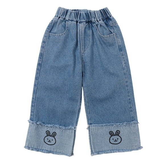 JLMSPLWG Baby Girl Wide Leg Jeans Cartoon Embroidery Straight Leg Jeans Kids Soft Preppy Cute Pants Toddler Trendy Baggy Patchwork Jean Clothes for Girls