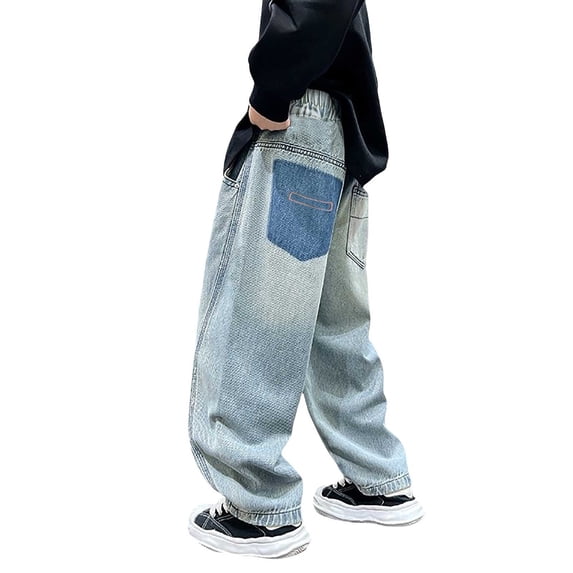 JLMSPLWG Boys Baggy Barrel Jeans Kids Elastic Waisted Pants Personalized Trendy Denim Pants for Teens Distressed Retro Trousers Boys Clothes
