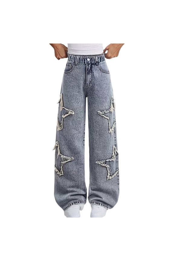 Denim Baggy Pants for Kids Star Patchwork Jeans Girls Cute Baggy High Waist Denim Jeans Tween Girls Personalized Straight Casual Jean Toddler Girl Clothes