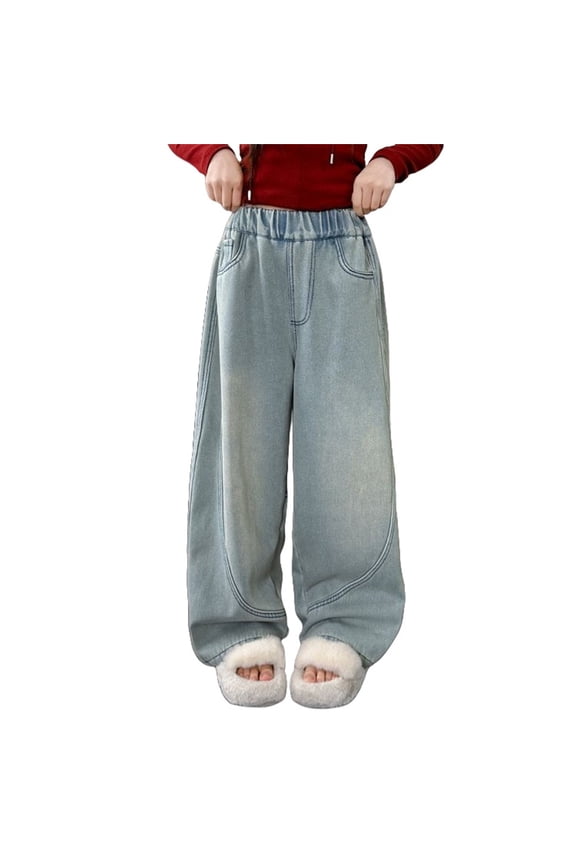 Girl's Wide Leg Denim Jeans Curved Stitch Kids Baggy Tapered Denim Pants Toddler Preppy Distressed Parachute Denim Jeans Girls Trendy Retro Frayed Pants with Pockets Girl Clothes