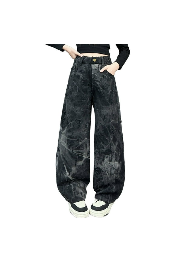 Girl's Wide Leg Jeans Kids Tie-Dye Pants Trendy Y2k Textured Hip Hop Jean Streetwear Girls High Waist Parachute Jeans with Pockets Girl Clothes