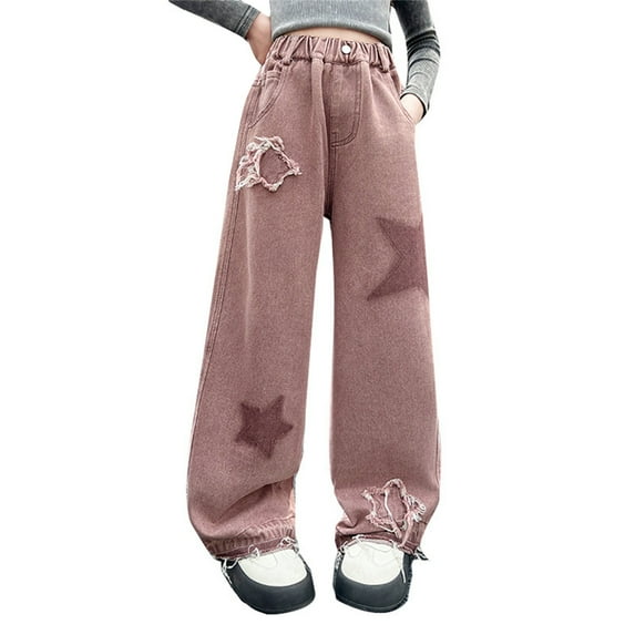 JLMSPLWG Girl's Wide Leg Jeans Star Patchwork Kids Straight Leg Pants Girls' Preppy Summer Aesthetic Jean Girls Loose Fit Denim Jeans with Pockets Toddler Girl Clothes