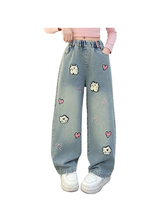 Girls Wide Leg Jeans with Embellished Patchwork Kids High Waist Pants Teen Girl Soft Personalized Preppy Denim Jeans Tween Girl Cute Aesthetic Trendy Jean with Pockets Girl Clothes