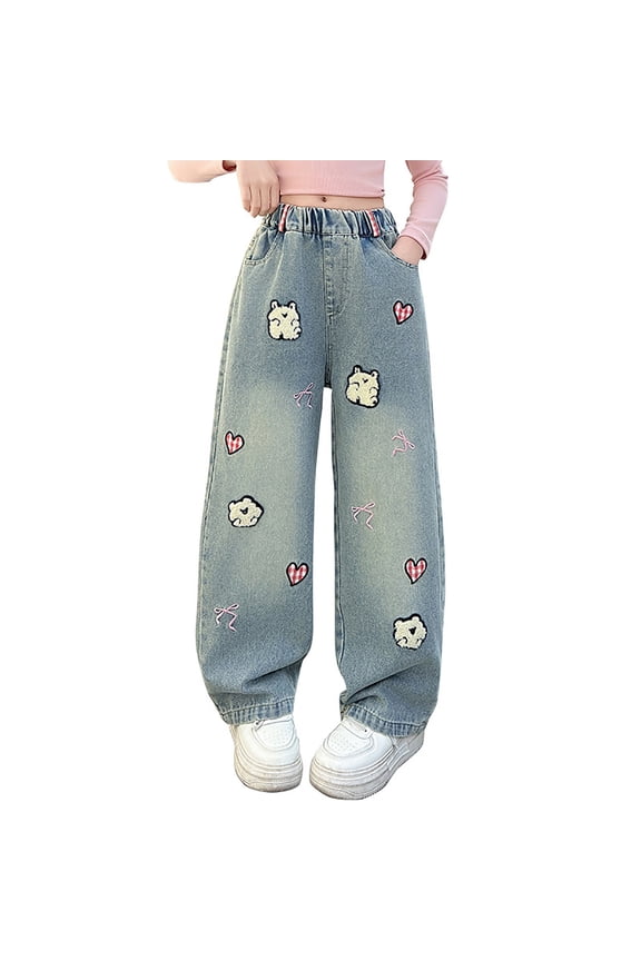 Girls Wide Leg Jeans with Embellished Patchwork Kids High Waist Pants Teen Girl Soft Personalized Preppy Denim Jeans Tween Girl Cute Aesthetic Trendy Jean with Pockets Girl Clothes