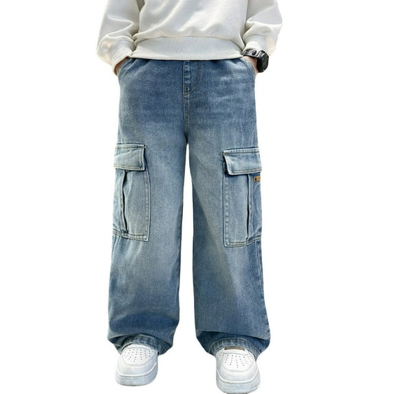 JLMSPLWG Kids Denim Cargo Jeans Teen Boy Denim Pants with Multi Pockets Vintage Distressed Y2k Jean Tween Boy Parachute Grunge Pants Toddler Boy Clothes 5T