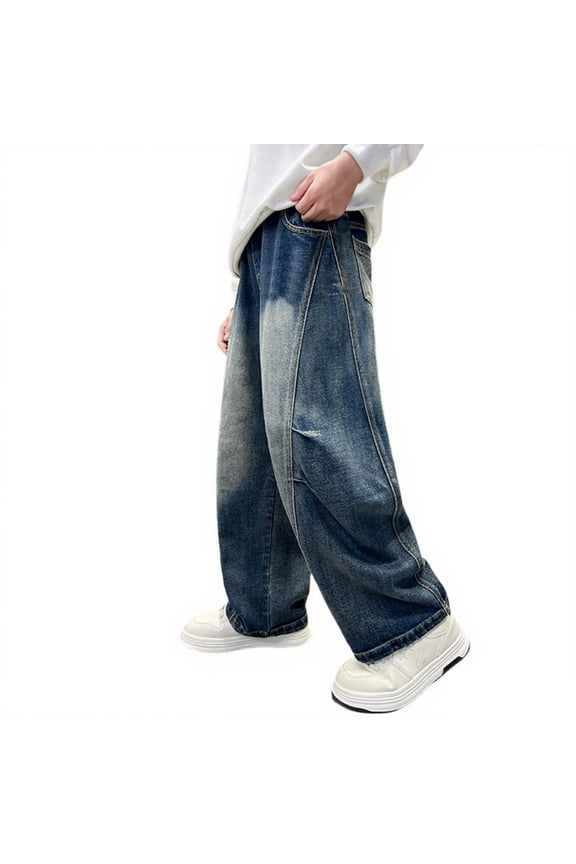 Kids Distressed Denim Jeans Tween Boy Straight Leg Jeans Toddler Preppy Y2k Vintage Denim Pants Teen Boy Trendy Retro Frayed Pants with Pockets Kids Boy Clothes Size 14-16