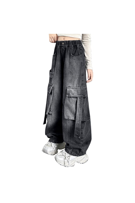 Kids Wide-Leg Jeans with Multi Pockets Toddler Cargo Denim Jeans Girl Daily Wear Baggy Boyfriend Preppy Jean Streetwear Teen Girls Cool Trendy Y2k Grunge Solid Color Pants Girl's Clothes
