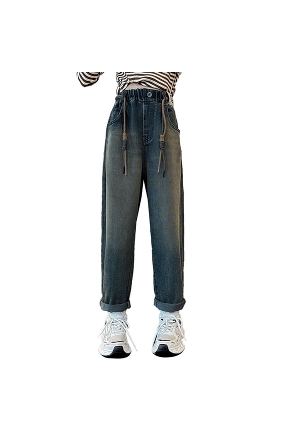 Preppy Jeans for Kids Daily Wear Denim Pants Teen Girl Skinny Fit Y2k Tapered Jean Girls Slim Retro Frayed Pants with Pockets Girl Clothes
