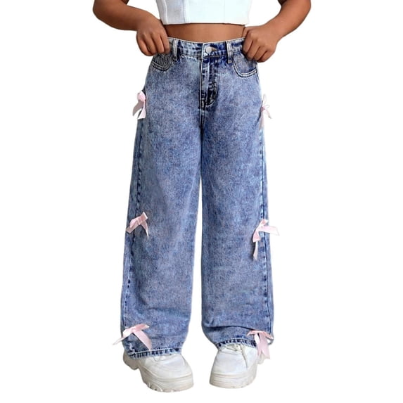 JLMSPLWG Preppy Jeans for Girls Aesthetic Denim Jeans Pink Bows Embellished Girls Vintage Personalized Straight Jean with Pockets Teen Girl Soft High Waist Pants Kids Clothes