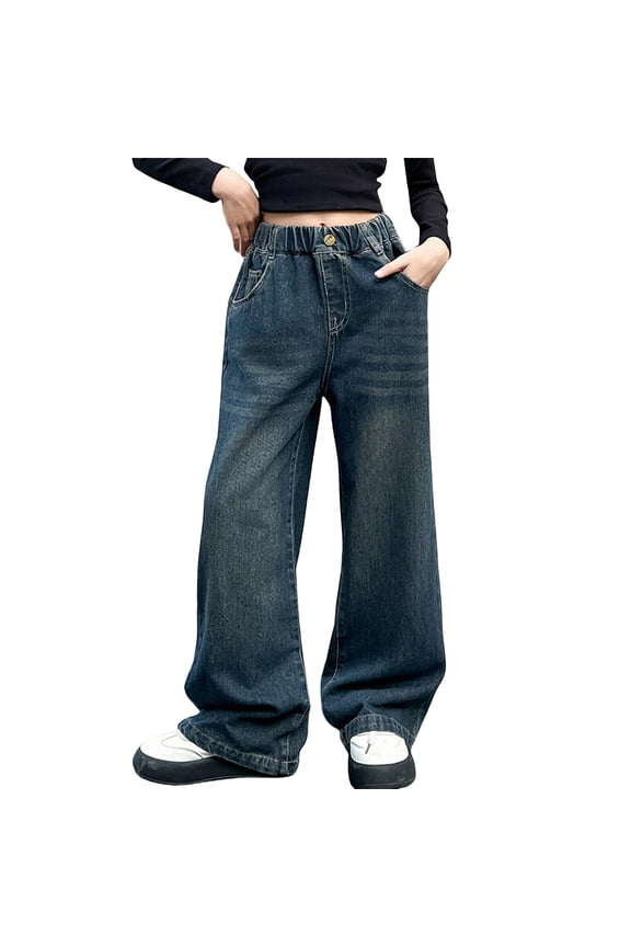 Preppy Jeans for Girls Kids Summer Black Pants Teen Girls Soft Straight Baggy Jean Tween Girls Frayed Retro Denim Jeans Girl's Clothes