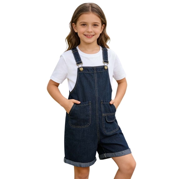 JLMSPLWG Teen Denim Jumpsuit Girl Vintage Jeans Overalls Teens Solid Color Work Outfits Kids Y2K Adjustable Bib Shorts Pant with Pockets Girl Clothes