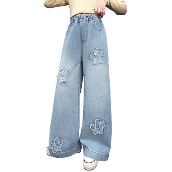 JLMSPLWG Teen Girls Baggy Jeans Tween Girl Wide Leg Denim Pants Girl's High Waisted Bootcut Jean Solid Color Casual Soft Cute Pantalones with Pockets Girl's Clothes