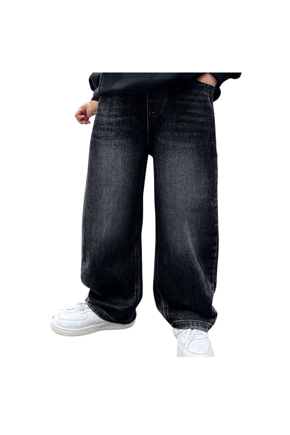 Tween Boys Bootcut Denim Jeans Toddler Straight Leg Jeans Kids Preppy Y2k Vintage Denim Pants Teen Boys Trendy Retro Frayed Pants with Pockets Boy Clothes