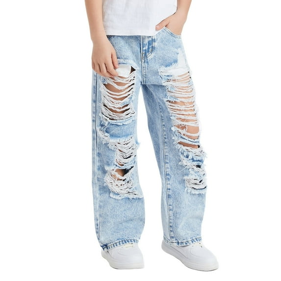 JLMSPLWG Wide Leg Denim Pants for Boys Ripped Denim Jeans Boy's Trendy High Waist Pants Kids Baggy Cute Aesthetic Jeans Boy Clothes 10-12