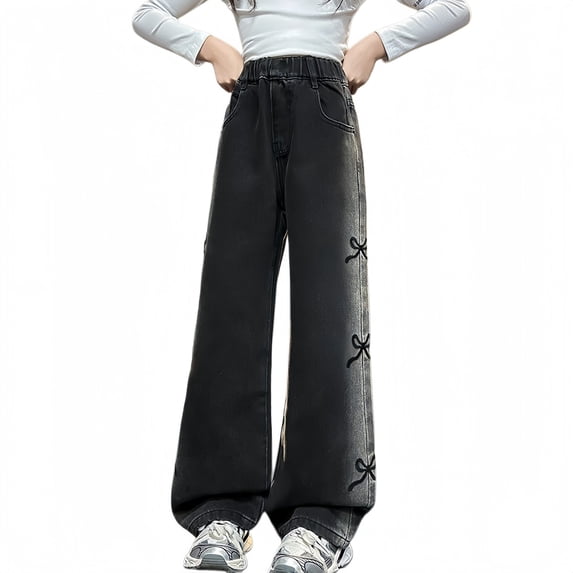 JLMSPLWG Wide Leg Jeans for Girls Baggy Denim Jeans Girl Daily Wear Bootcut Jean Teen Girls Cute High Waist Solid Color Pants with Pockets Girl's Clothes