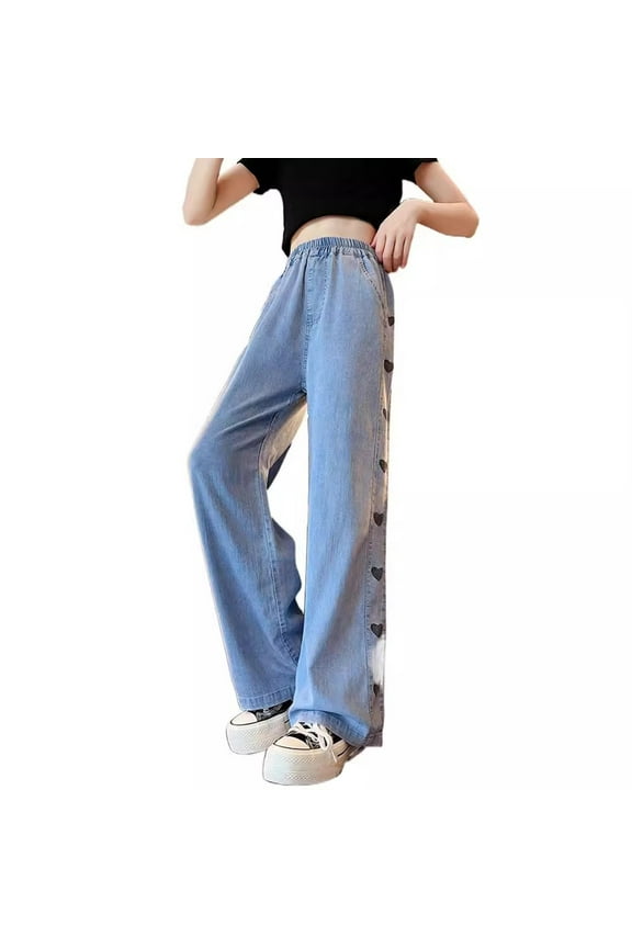 Wide Leg Pants Girls Heart Print Jeans Girl Aesthetic Cute Personalized Jean Kids Vintage Solid Color Trendy Denim Pants Toddler Girl Clothes