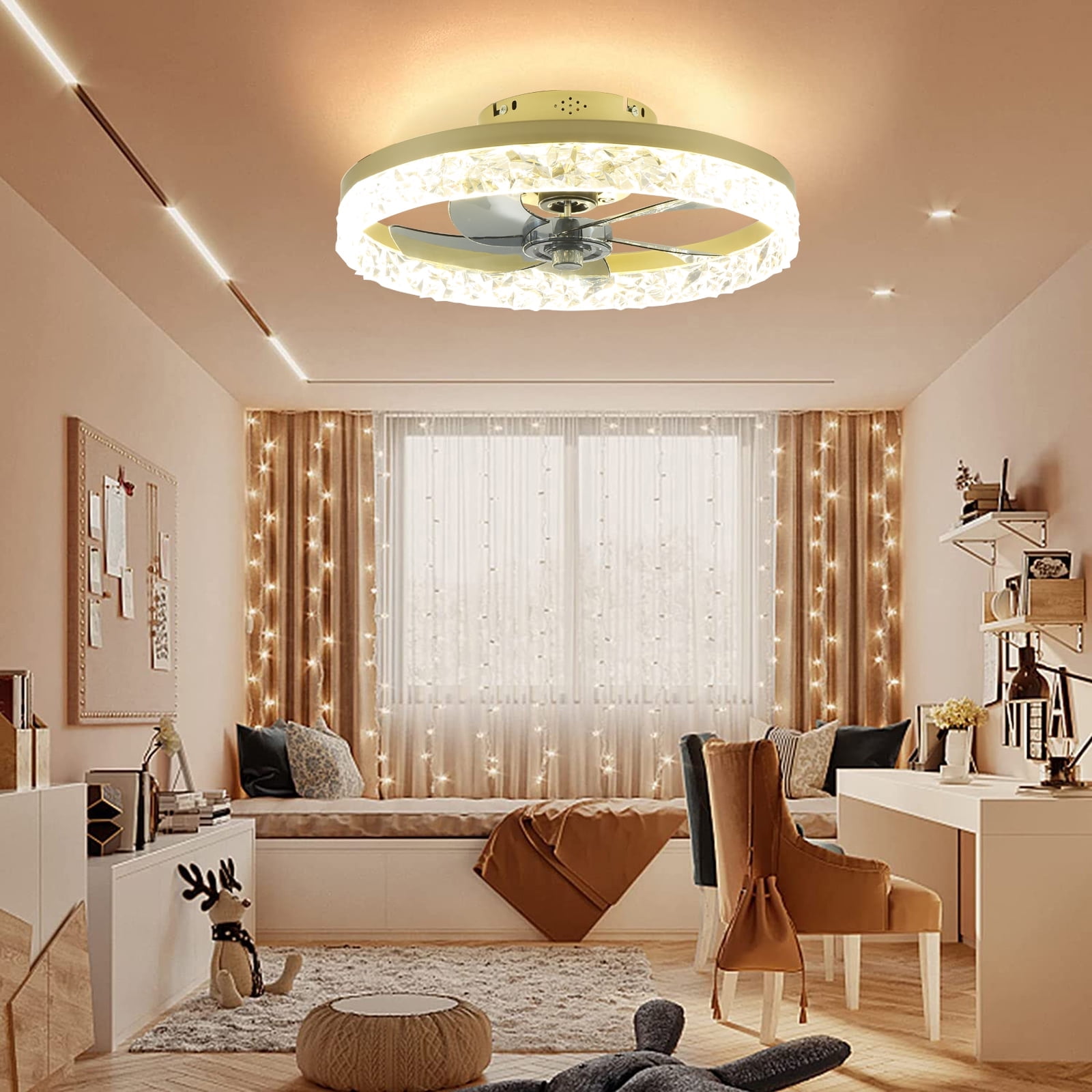 JLPAN 20" Low Profile Ceiling Fan with Lights and Remote, Modern Flush Mount LED Stepless Dimmable, Reversible Blades,6 Speeds Timing for Bedroom, Indoor Use - Gold
