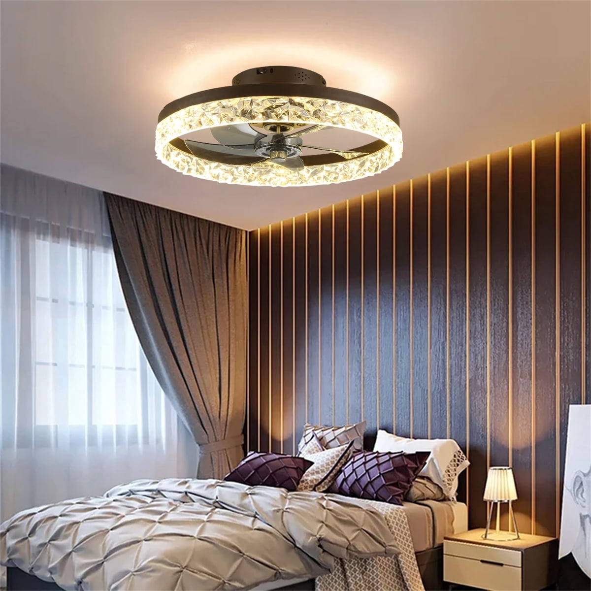 JLPAN Modern Ceiling Fans with Lights and Remote, 20 in Low Profile Ceiling Fan Flush Mount, 3000K-6500K Dimmable Bladeless LED Fan Light, Fandelier Ceiling Fans with Lights for Bedroom, Brown