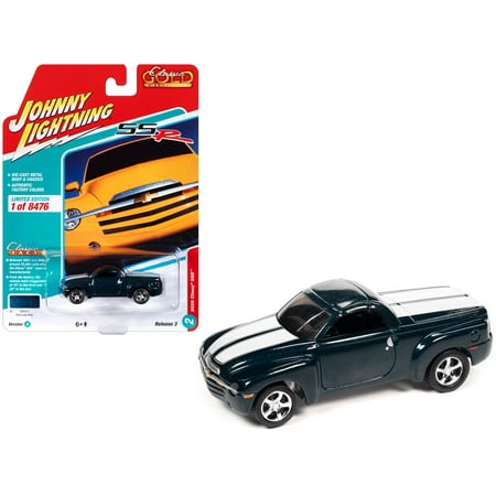 2005 Chevrolet SSR Pickup Truck Bermuda Blue Metallic with White Stripes "Classic Gold Collection" Series Limited Edition to 8476 pieces Worldwide 1 64 Diecast Model Car by Johnny Lightning
