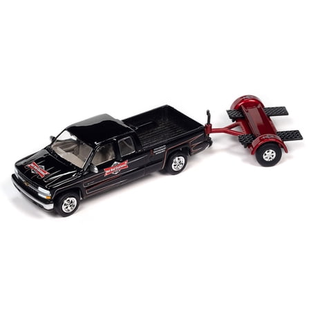 2002 Chevrolet Silverado Pickup Truck Black with Graphics Hot Rod Customs and Tow Dolly Red Tow Go Series Limited Edition to 3672 pieces Worldwide 1/64 Diecast Model Car by Johnny Lightning