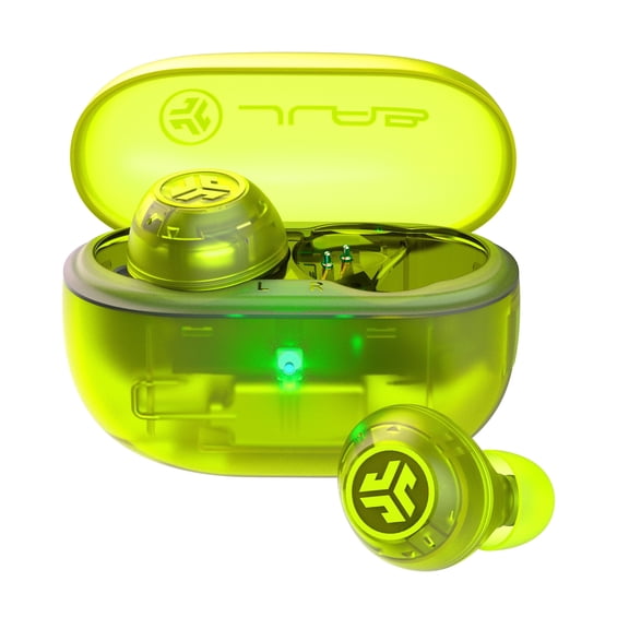 JLab GO Pop ANC Bluetooth Earbuds, Charging Case, Transparent Neon Green