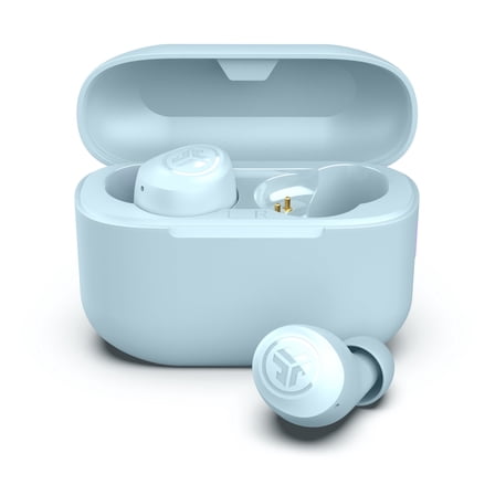 JLab Go Pop+ True Wireless Earbuds, Light Blue, Bluetooth, IPX4, Be Aware Mode, Customize Sound, Controls