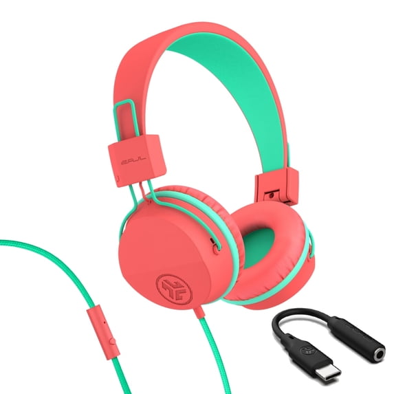 JLab JBuddies Studio On-Ear Wired Kids Headphones 2-in-1 Bundles, 3.5mm Plus USB-C Adapter, Volume Safe, Folding, Peach