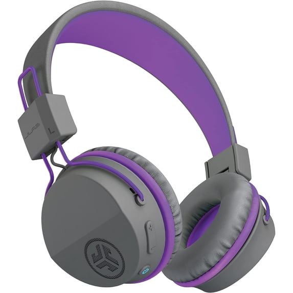 JLab JBuddies Studio Wireless On-Ear Kids Headphones, Volume Limiter, Folding, Adjustable, Bluetooth, Graphite/Purple