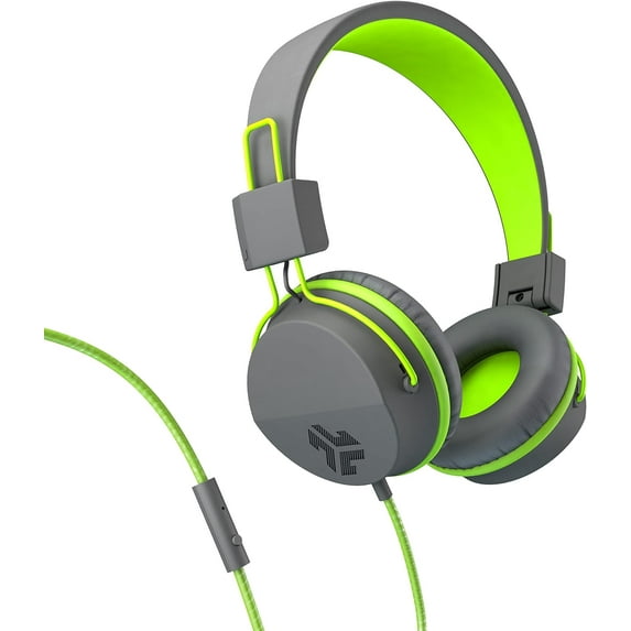 JLab Neon On-Ear Wired Headphones, Graphite/Lime, Feather Light, Ultra-plush Eco Leather, with Microphone