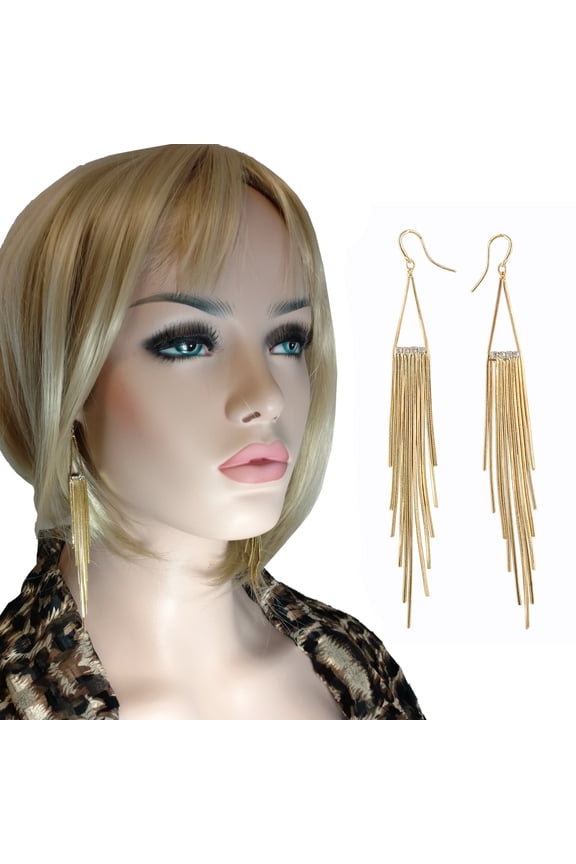 JLo Gold Tone Extra Long 5" Fringe Shoulder Duster Dangle Pierced Earrings Runway Fashion Ladies Adult Female