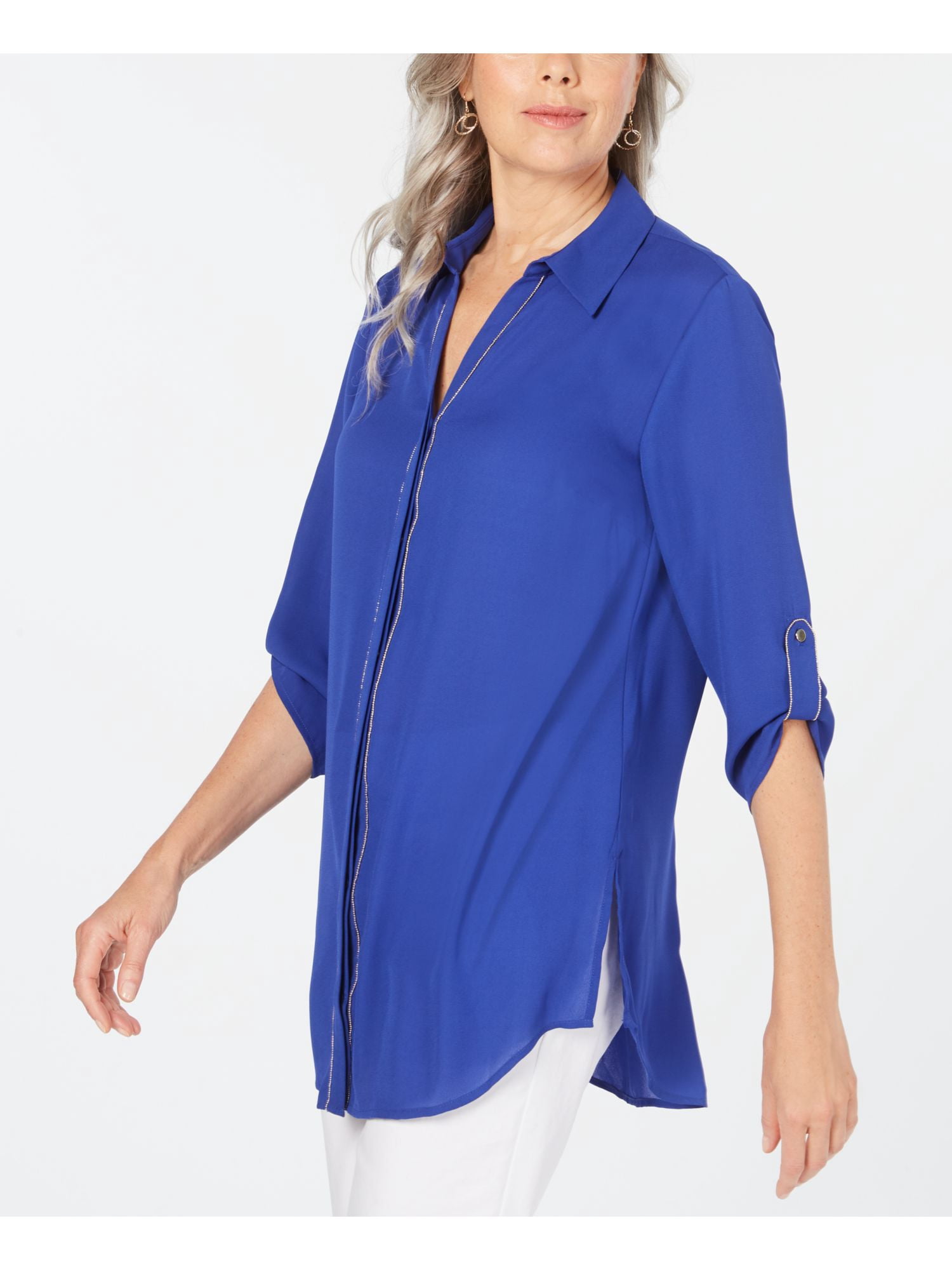 JM COLLECTION $41 Womens New 0173 Blue Collared Button Up Casual Top M ...