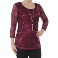 thumbnail image 1 of JM COLLECTION $54 Womens New 1138 Purple Lace Sequined 3/4 Sleeve Top S B+B, 1 of 2