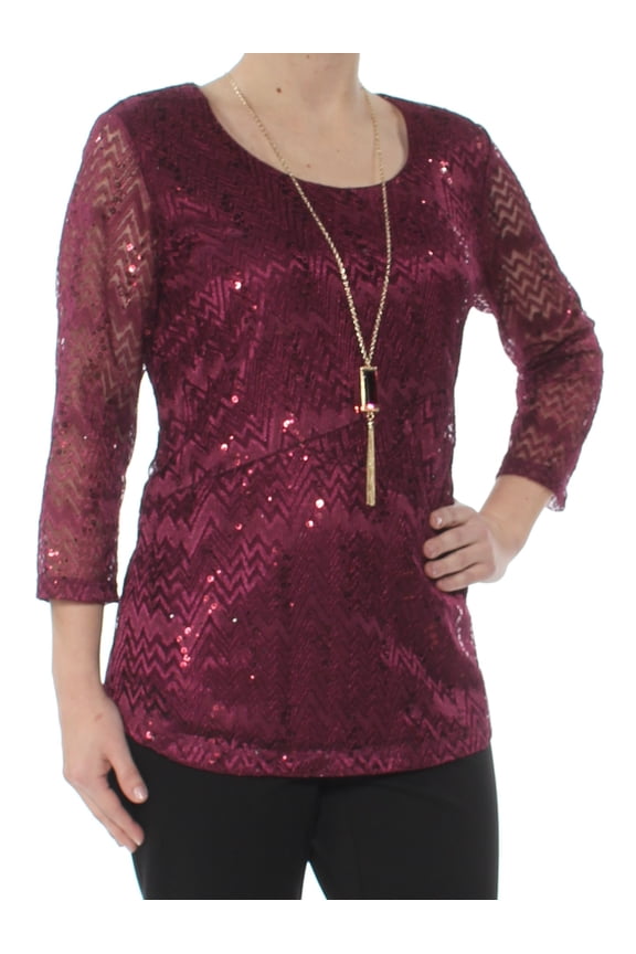 $54 Womens New 1138 Purple Lace Sequined 3/4 Sleeve Top S B+B