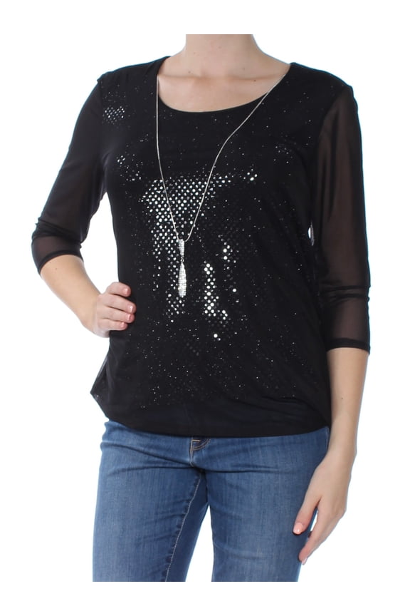 $59 Womens Black Shimmer-print Necklace Sequined Top M Petites B+B