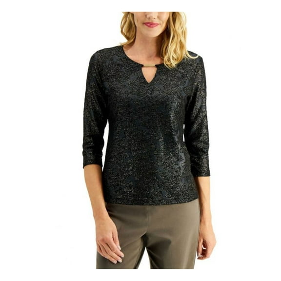JM COLLECTION Womens Black Textured Gold Floral 3/4 Sleeve Keyhole Top Size: L