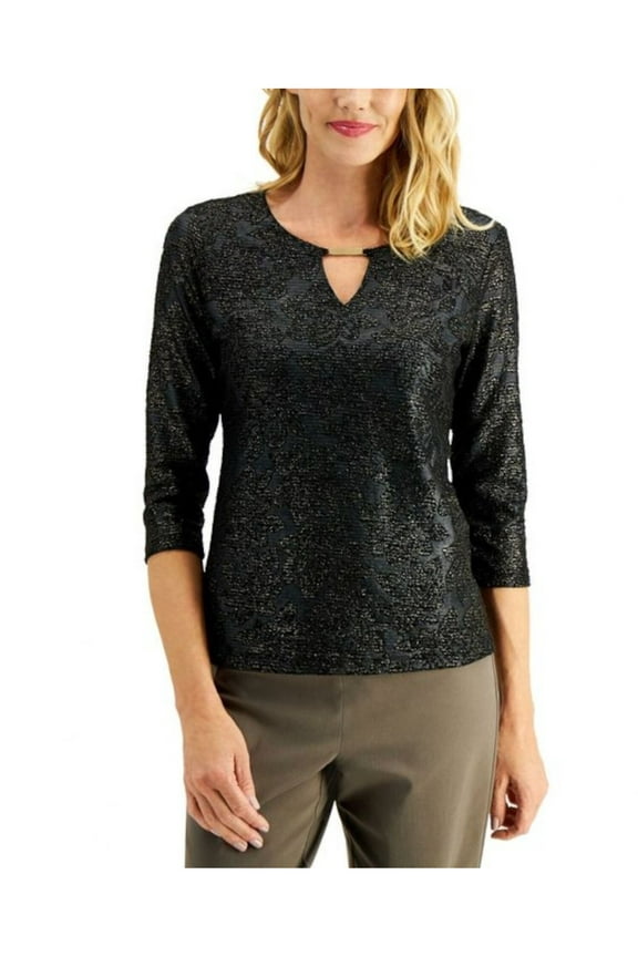 Womens Black Textured Gold Floral 3/4 Sleeve Keyhole Top Size: L
