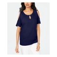 thumbnail image 1 of JM COLLECTION Womens Navy Short Sleeve Keyhole T-Shirt Petites Size: PL, 1 of 1