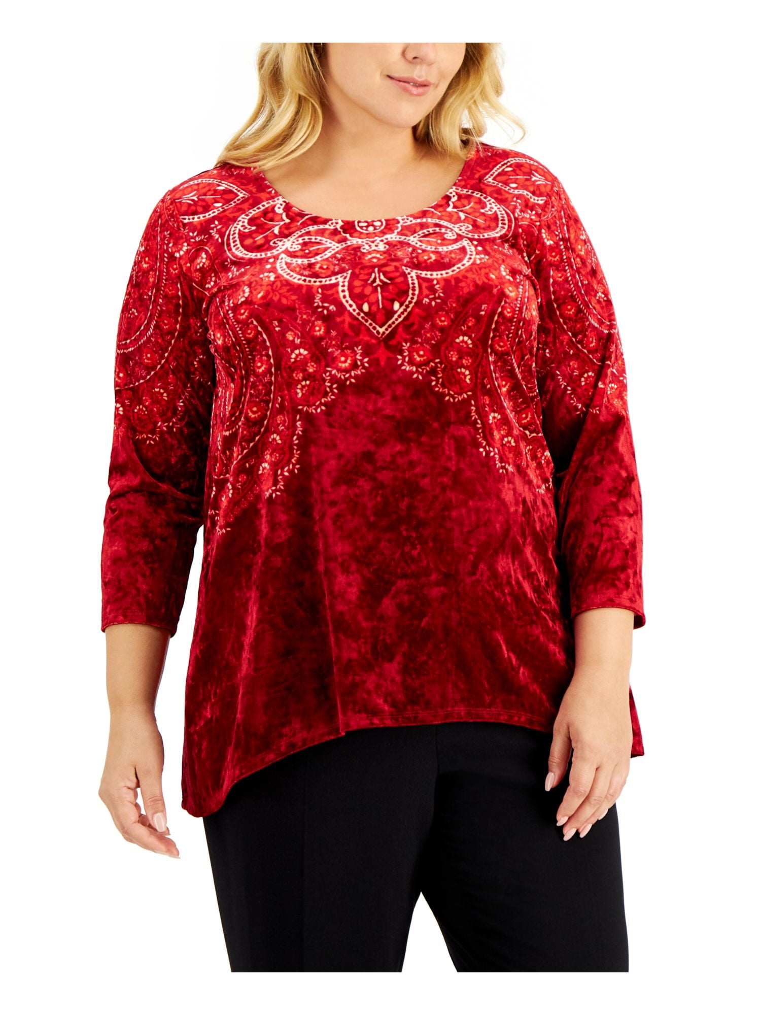 Alfani Women's Plus Size Printed 3-4-Sleeve Top Red Size 0X