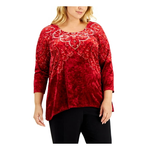 JM COLLECTION Womens Red Textured Printed 3/4 Sleeve Scoop Neck Top Plus 0X