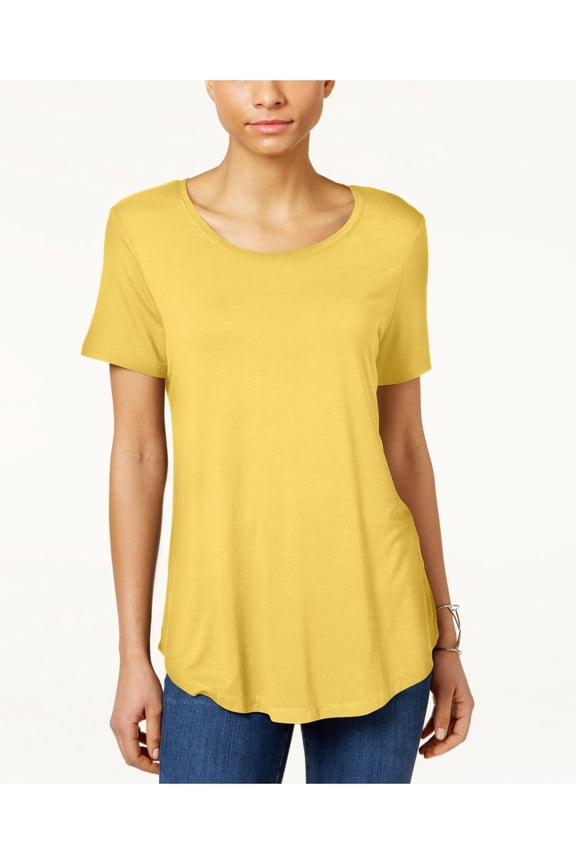 Womens Yellow Short Sleeve Jewel Neck Top Petites Size: PL