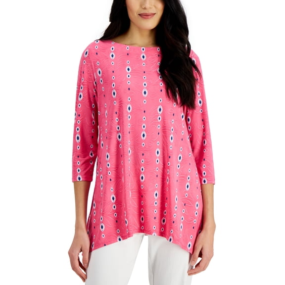 JM Collection 3/4 Sleeve Handkerchief Hem Top Fuchsia Purple Combo S