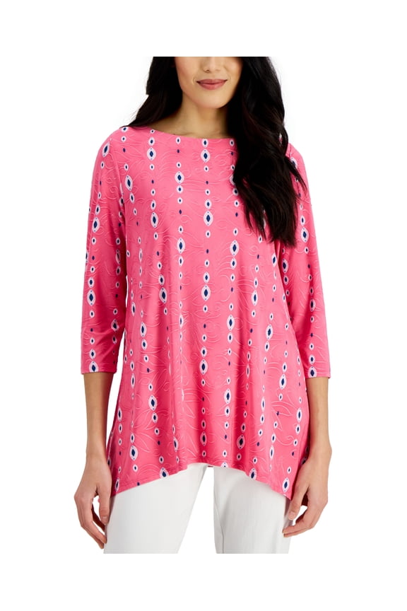 3/4 Sleeve Handkerchief Hem Top Fuchsia Purple Combo XL