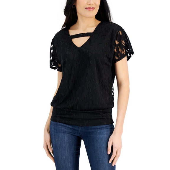 JM Collection Animal Print Burnout Top Deep Black L