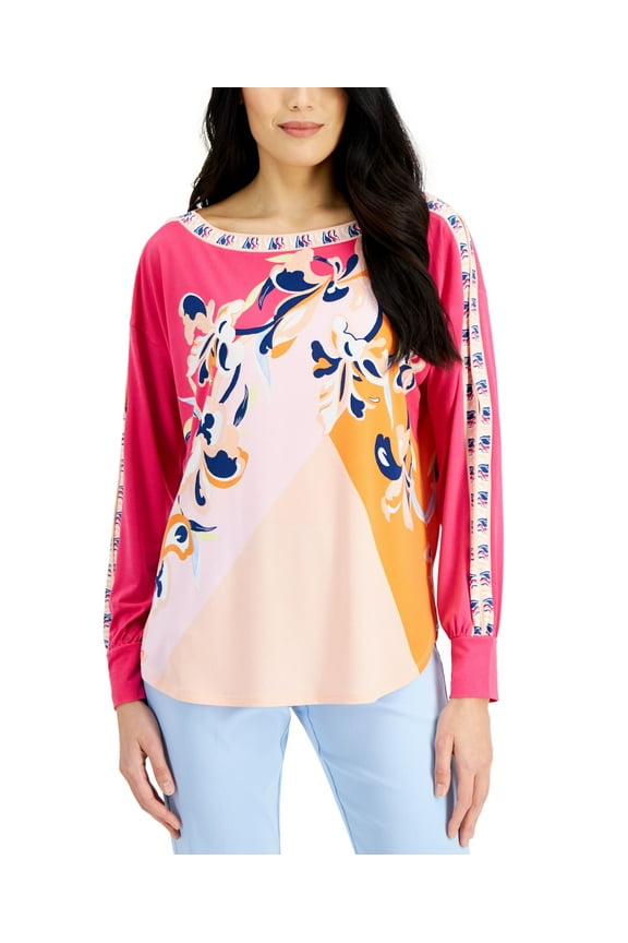 Boat Neck Split Sleeve Top Fuchsia Purple Combo S