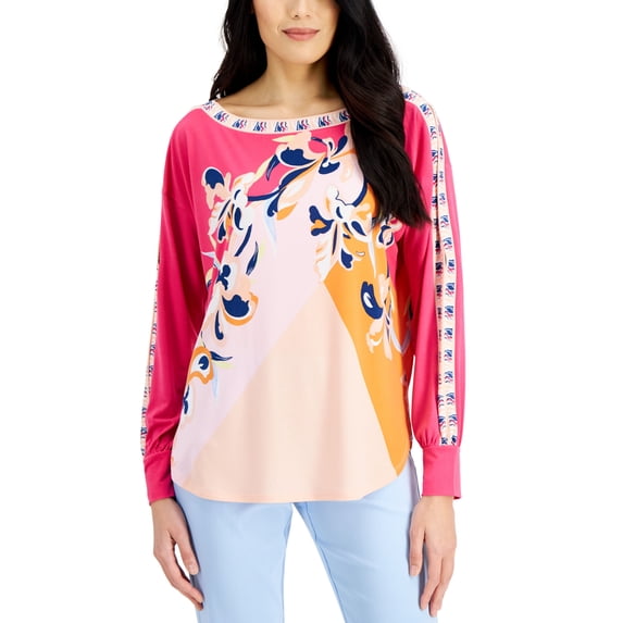 JM Collection Boat Neck Split Sleeve Top Fuchsia Purple Combo XL