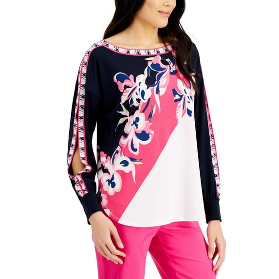 JM Collection Boat Neck Split Sleeve Top Intrepid Blue Combo XL