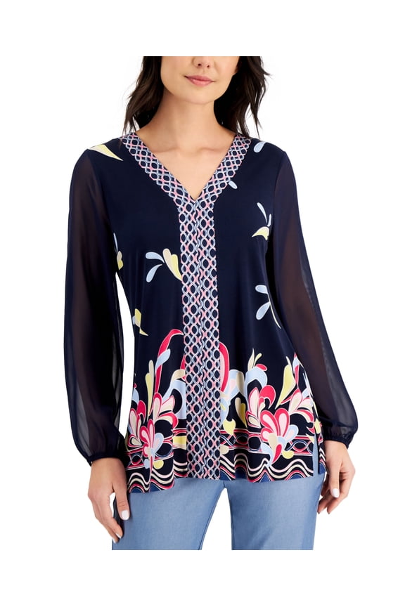 Border Print Sheer Sleeve Top Intrepid Blue Combo XS
