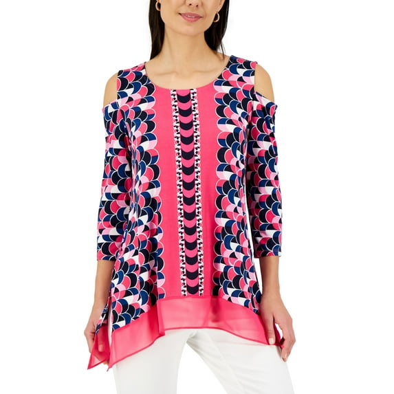 JM Collection Cold Shoulder Layered Look Top Fuchsia Purple Combo S